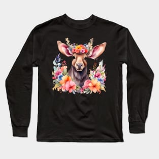 A moose decorated with beautiful watercolor flowers Long Sleeve T-Shirt